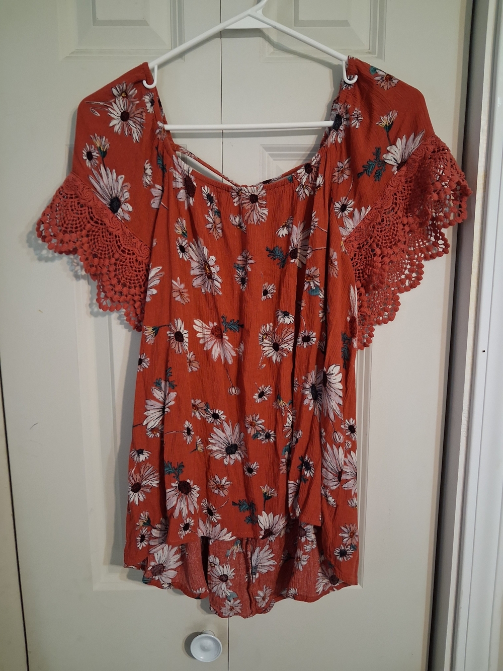 Maurices Rust Floral Off-Shoulder Tunic with Crochet Sleeves